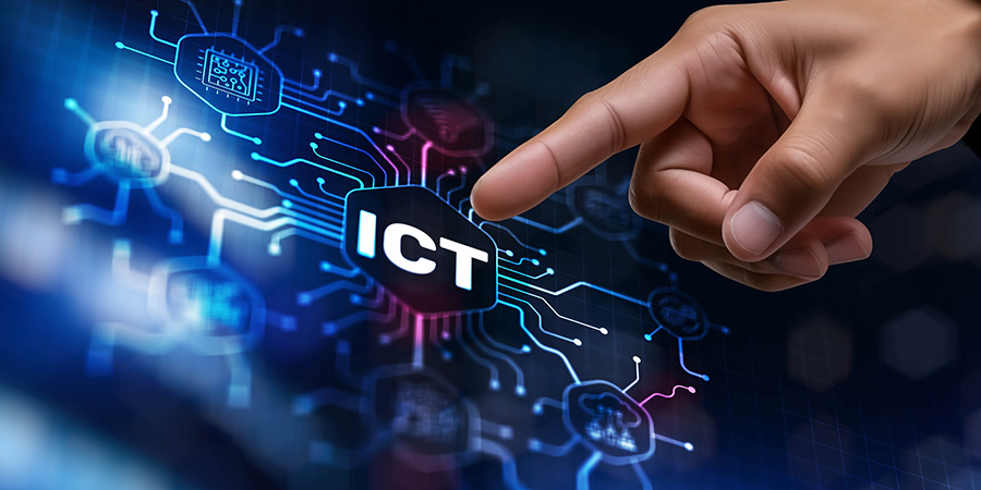 ICT. Information and communication technology concept on abstract background.